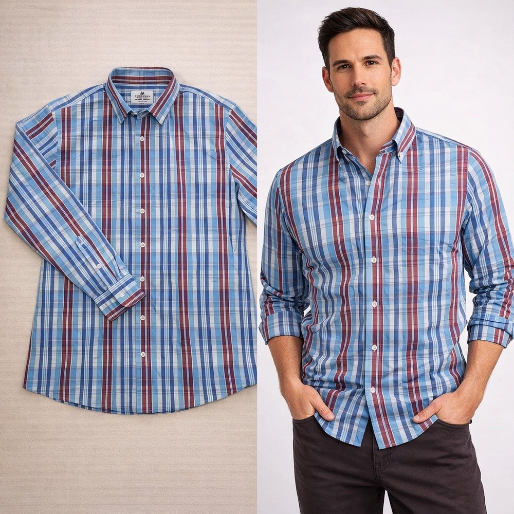 Mizzen+Main Mens Trim Fit Plaid Performance Dress Shirt Blue Maroon XXL 20056